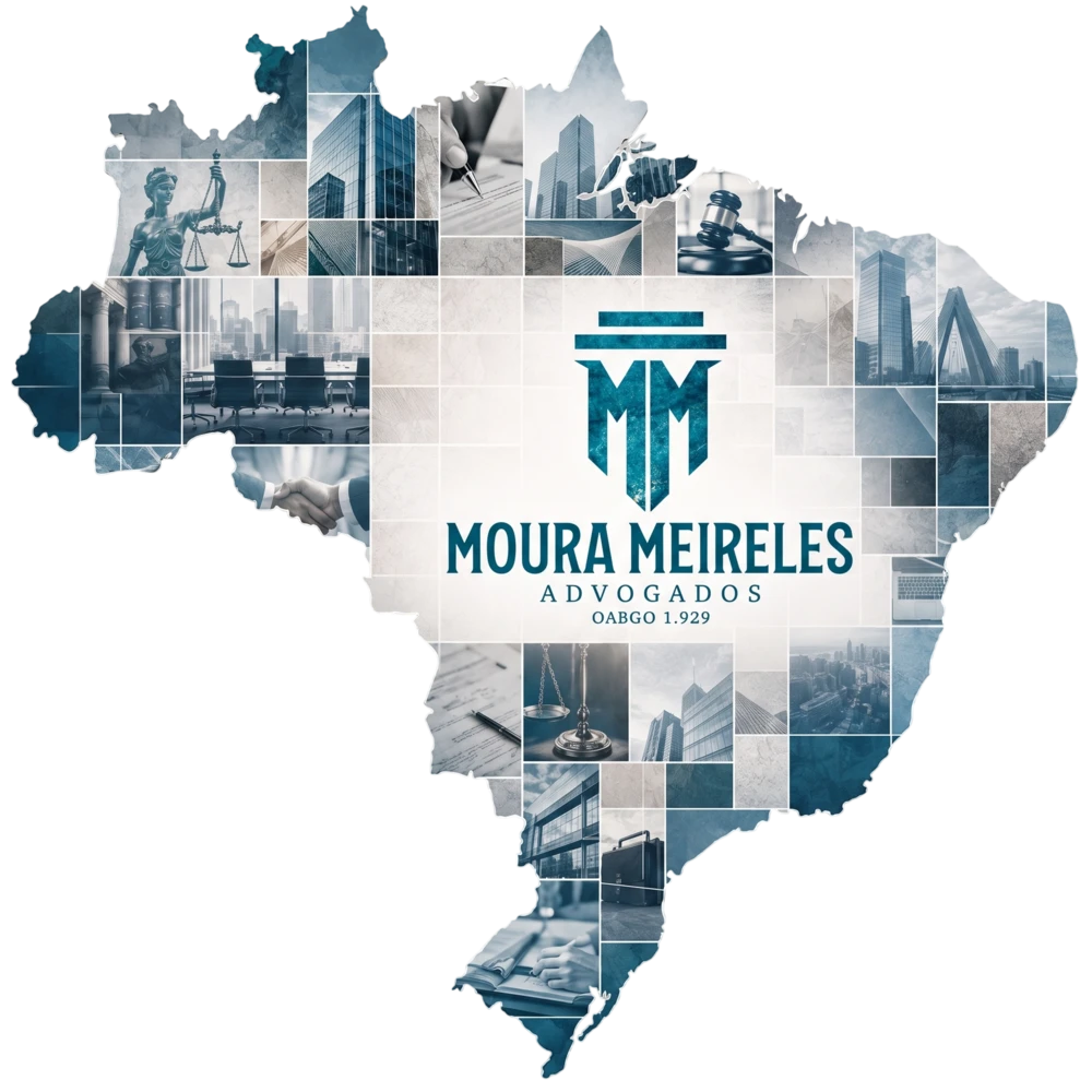 Logomarca da Moura Meireles Advogados sobre mapa do Brasil composto por fotografias em tons azul-petróleo representando justiça, arquitetura corporativa e advocacia, estilo colagem artística premium